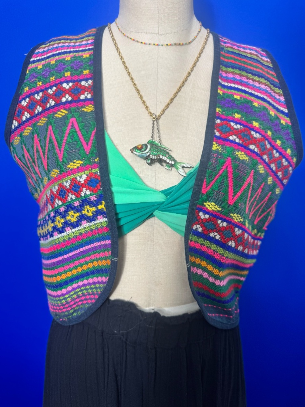 Vintage Guatemala Handwoven Cotton Embroidered Vest Boho Hippie Festival